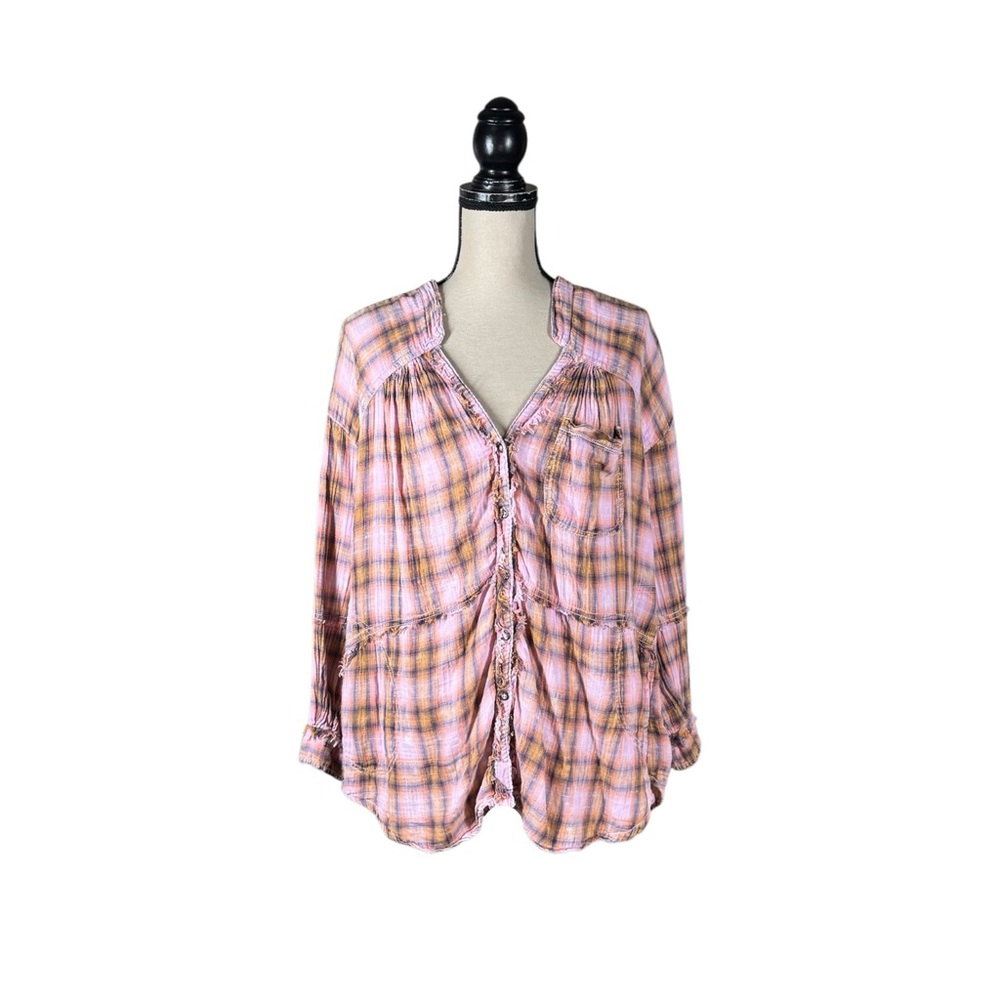Free People We The Free One Of The Boys Oversized Tunic Top In Pink Plaid - Picture 2 of 5